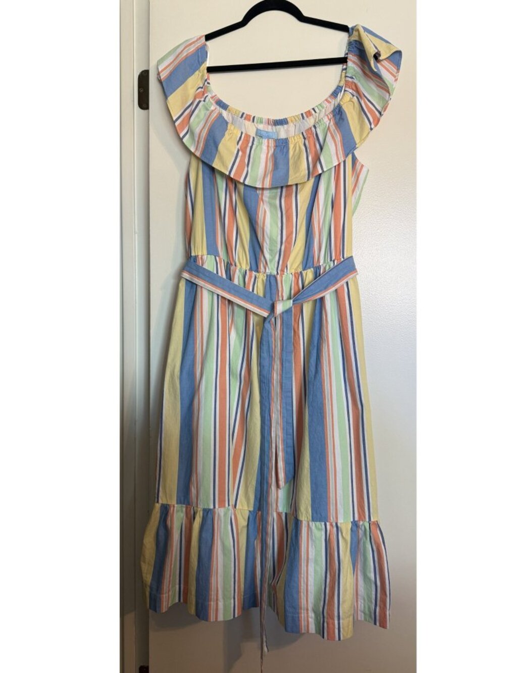 Draper James RSVP XXL Striped Off Shoulder Ruffle Midi Dress